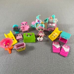 Shopkins Shoppies Peppa-Mint Doll Ice Cream Scooter & Camping Petkins Lot